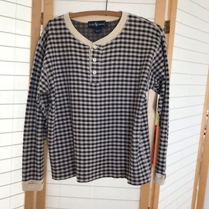 VTG Ralph Lauren Sz Medium Henley tee long sleeve brown wht plaid cotton thermal